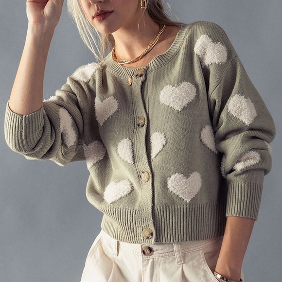 NEW Sage Green Fuzzy Hearts Long Sleeves Button Front Sweater Knit Crop Cardigan - Picture 11 of 11